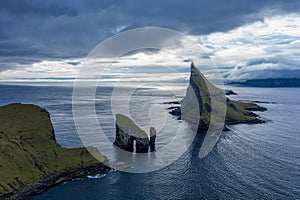 Drangarnir, Tindholmur and Mykines islands drone aereal view from Vagar