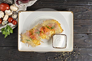 Draniki. Potato pancakes with salmon and sour cream. Traditional Belarusian hot second course of grated potatoes, salmon or trout,