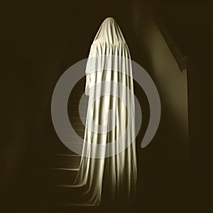 Draped ghost haunted house stairway generative AI illustration photo