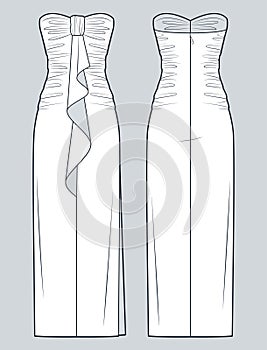 Draped Maxi Dress technical fashion illustration. Bustier Dress fashion flat technical drawing template, ruffle, side slit