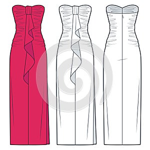Draped Maxi Dress technical fashion illustration. Bustier Dress fashion flat technical drawing template, ruffle, side slit photo