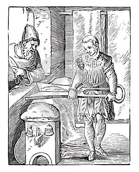 The draper in the sixteenth century, after an engraving of the time, vintage engraving