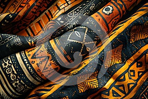 Drapery of African wax print fabric, featuring intricate patterns and a lively color palette