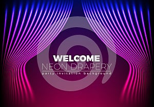 Drapery futuristic background with 80s style neon lines. Welcomi