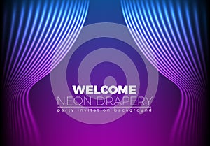 Drapery futuristic background with 80s style neon lines. Welcoming drapes for cover in new retro wave trend