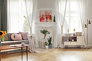 Drapes at windows and poster in white living room interior with couch and cupboard. Real photo