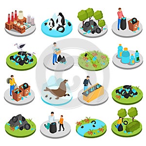 Drastic plastic isometric icon set of sixteen isolated images with rubbish bins plants and human characters vector illustration