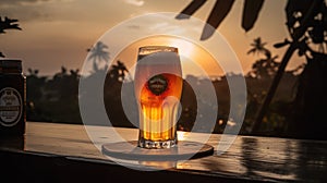 Draught beer at sunsetin a close-up shot, macro shot - made with Generative AI tools photo