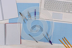 Draughtsmanship tools on the table top view