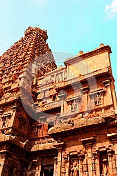 Dravidian styled main tower with front hall of the ancient Brihadisvara Temple in Thanjavur, india.