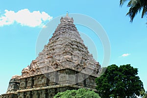 Dravidian styled main tower-gopura-vimana- with sculptures in the Brihadisvara Temple in Gangaikonda Cholapuram, india.