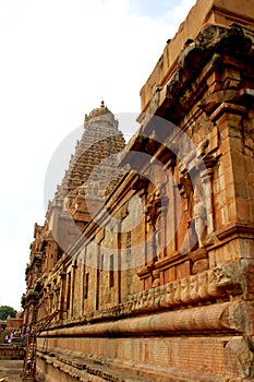 Dravidian styled stone wall designs in the ancient Brihadisvara Temple in Thanjavur, india.