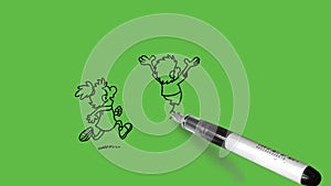 draw backside of three children run one after another simultaneously happily with black outline on green back
