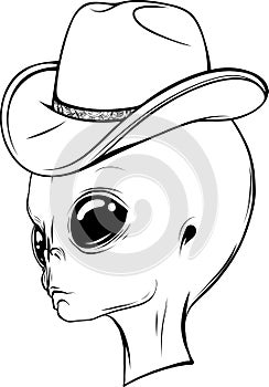 draw in black and white of alien head with hat vector illustration design