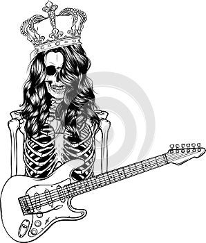 draw in black and white of king human skeleton playing on electric guitar