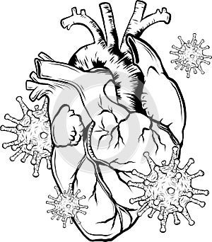 draw in black and white of virus infect a human heart vector illustration