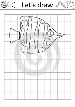 Draw the butterfly fish. Vector under the sea drawing practice worksheet. Printable black and white activity for kids with water