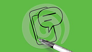 Draw close view of smart phone electric device with talk voice with black outline on abstract green back