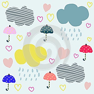Draw with digital tools, clouds, umbrellas, hearts.