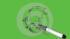 Draw dragon or wyvern four feet flying animal in blue colorwith black outline on abstract green back