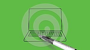 draw electric device laptop with black pen and black outline on abstract green screen background