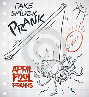 Draw of Fake Spider Prank Ready for April Fools` Day, Vector Illustration