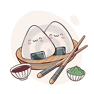 Draw funny kawaii  Japanese onigiri rice balls with nori  vector illustration. Japanese asian food, cooking, menu concept.  Doodle