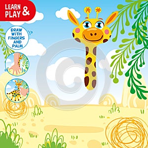 Draw giraffe using your hand and fingers. Look at tips in corner of pic and do the same. Paint giraffe body suitable