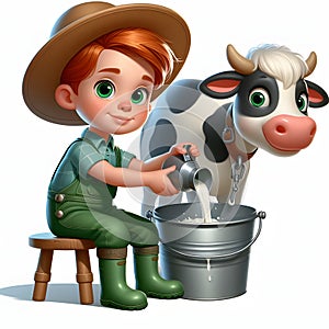 A little boy milks a cow.