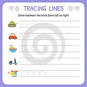 Draw between the lines from left to right. Preschool, kindergarten worksheet for practicing motor skills. Basic writing