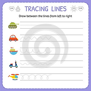 Draw between the lines from left to right. Preschool, kindergarten worksheet for practicing motor skills. Basic writing photo