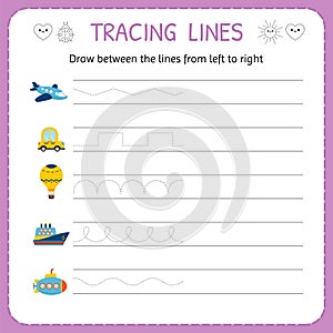 Draw between the lines from left to right. Preschool, kindergarten worksheet for practicing motor skills. Trace line worksheet for