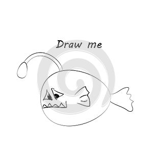 Draw me - vector illustration of sea animals. The angler fishcoloring game for children.