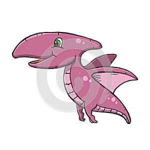 Draw a picture of a dinosaur, a cute pink pterosaur, a winged predator that can fly. Hand drawn on white background with clipping