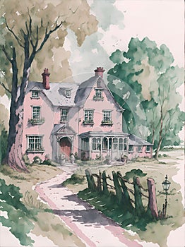 Draw of a pink house with trees arround and a path to the door