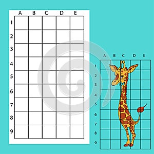 Draw on the squares. A cute cartoon giraffe