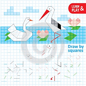 Draw by Squares Swan, Stork on lake Art Kid Game
