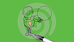 draw standing young fat man hold big balloon in hand and pin point article in right hand want to burst it with black outline