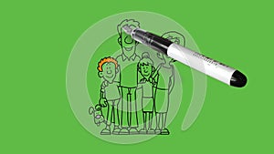 draw sweet family of four person like mother, father, son and lovely daughter hold toy stand joining with black outline