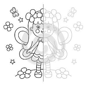 Draw symmetrically. Coloring Page Outline Of cartoon flower fairy with wings. Little kind wizard or magician. Fairy tale hero.