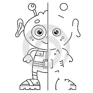 Draw symmetrically. Coloring Page Outline Of Cartoon little alien. Coloring book for kids