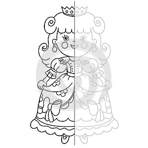 Draw symmetrically. Coloring Page Outline Of cartoon lovely princess. Beautiful young queen. Cinderella. Fairy tale hero or