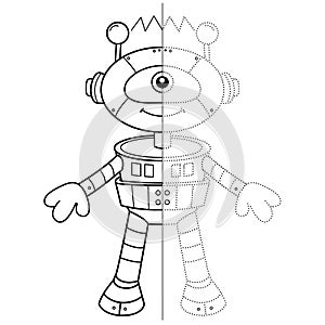 Draw symmetrically. Connect the dots picture. Tracing worksheet. Coloring Page Outline Of cartoon robot. Coloring Book for kids
