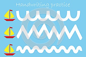 Draw track of ships, handwriting practice sheet, kids preschool activity, educational children game, printable worksheet, writing