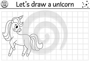 Draw the unicorn. Vector Fairytale drawing practice worksheet with cute animal. Magic printable black and white activity for kids