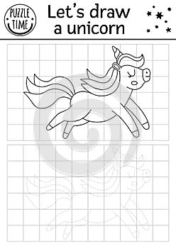 Draw the unicorn. Vector Fairytale drawing practice worksheet with cute running animal. Magic printable black and white activity