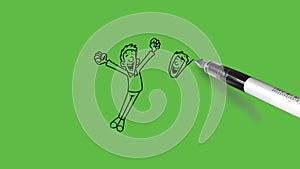draw young man and woman jumping with joy in air with black outline on abstract green screen background
