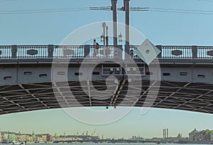 Drawbridge over Neva river in St.Petersburg, Russia. Closeup view