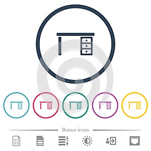 Drawer desk flat color icons in round outlines