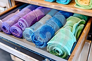 drawer full of rolled microfiber cleaning cloths